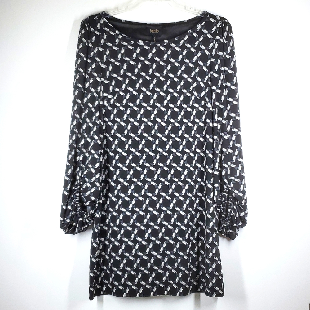 Laundry by Shelli Segal Black White Geometric Shift Midi Dress 6 NWOT